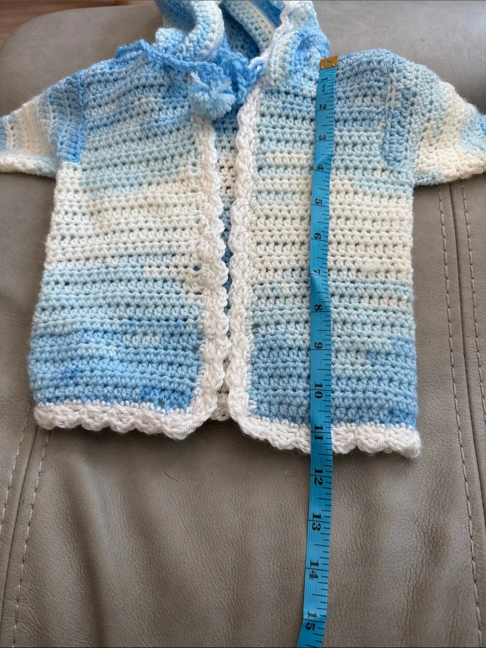 Handmade Blue and White Crocheted Hooded Coat